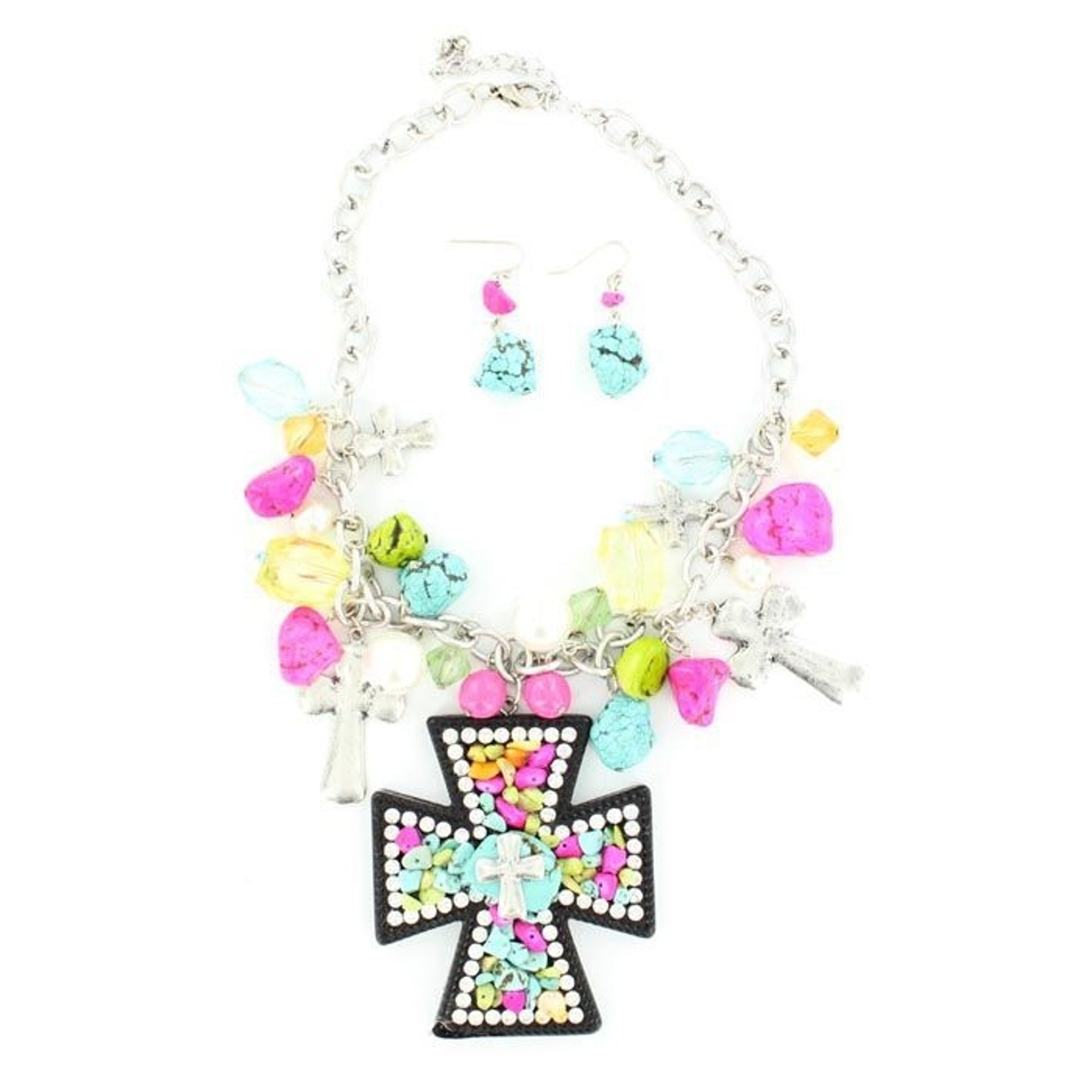 Blazin Roxx Stone And Crystal Cross NecklaceBk/Wh