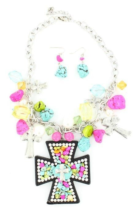 Blazin Roxx Stone And Crystal Cross NecklaceBk/Wh