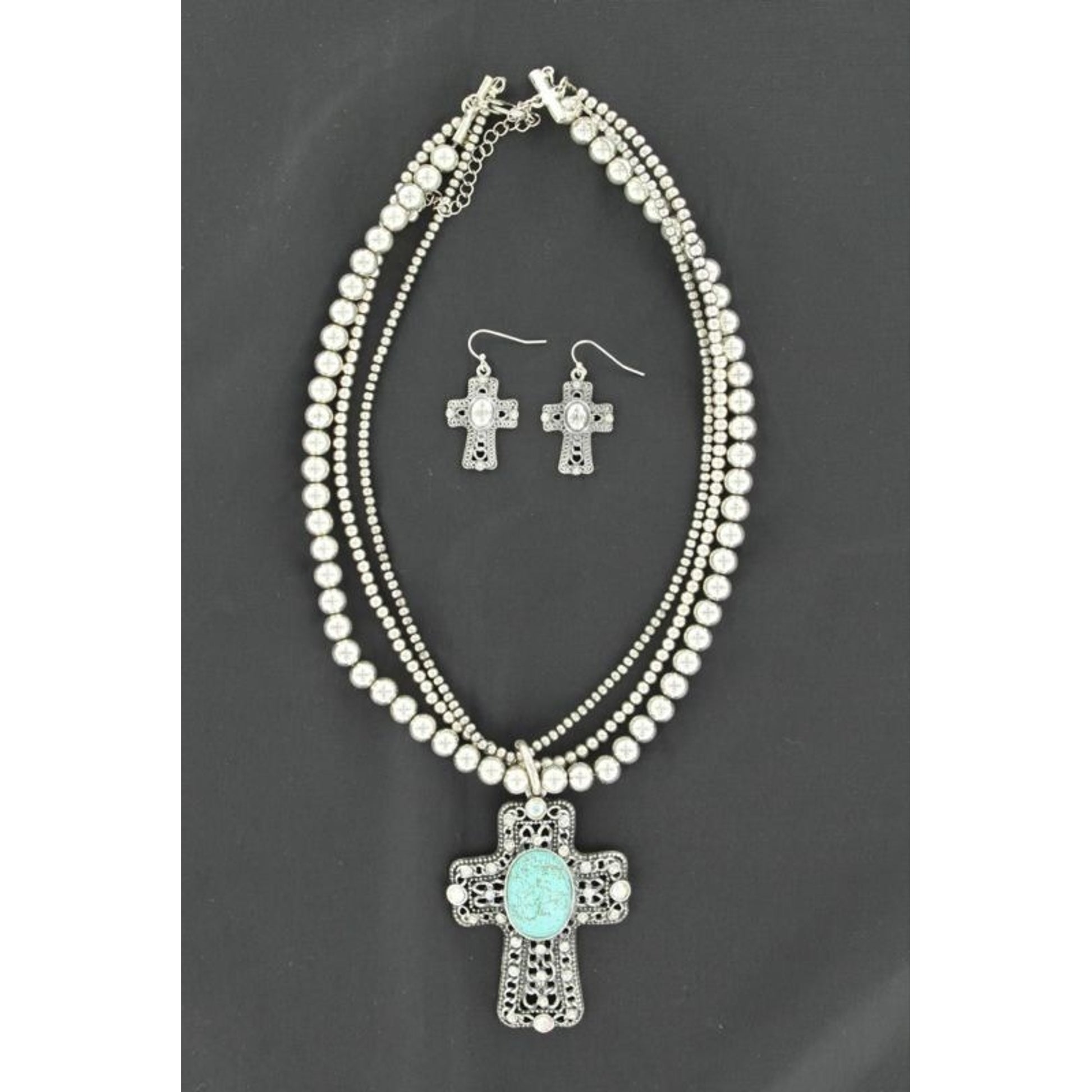 Blazin Roxx Cross /Beads Necklace/Earring Set Turq