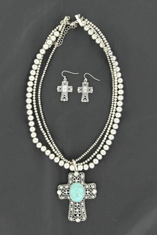 Blazin Roxx Cross /Beads Necklace/Earring Set Turq