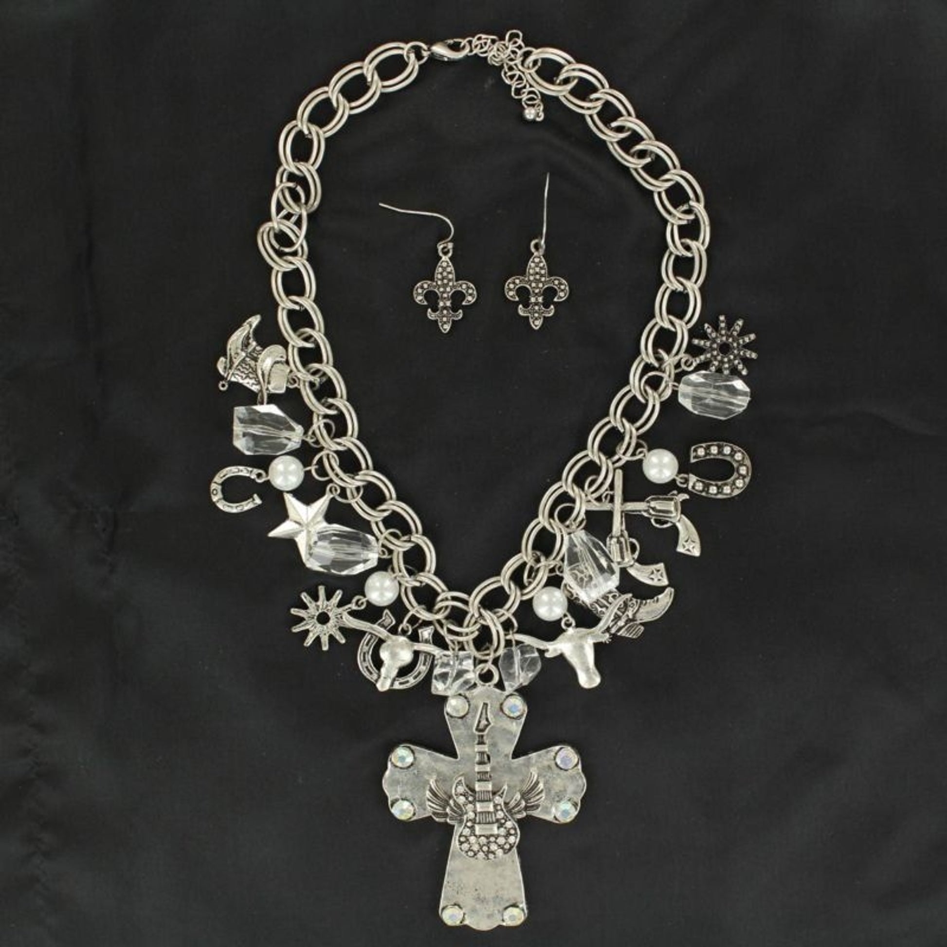 Cross/Guitar And Charms Necklace And Earrings Set