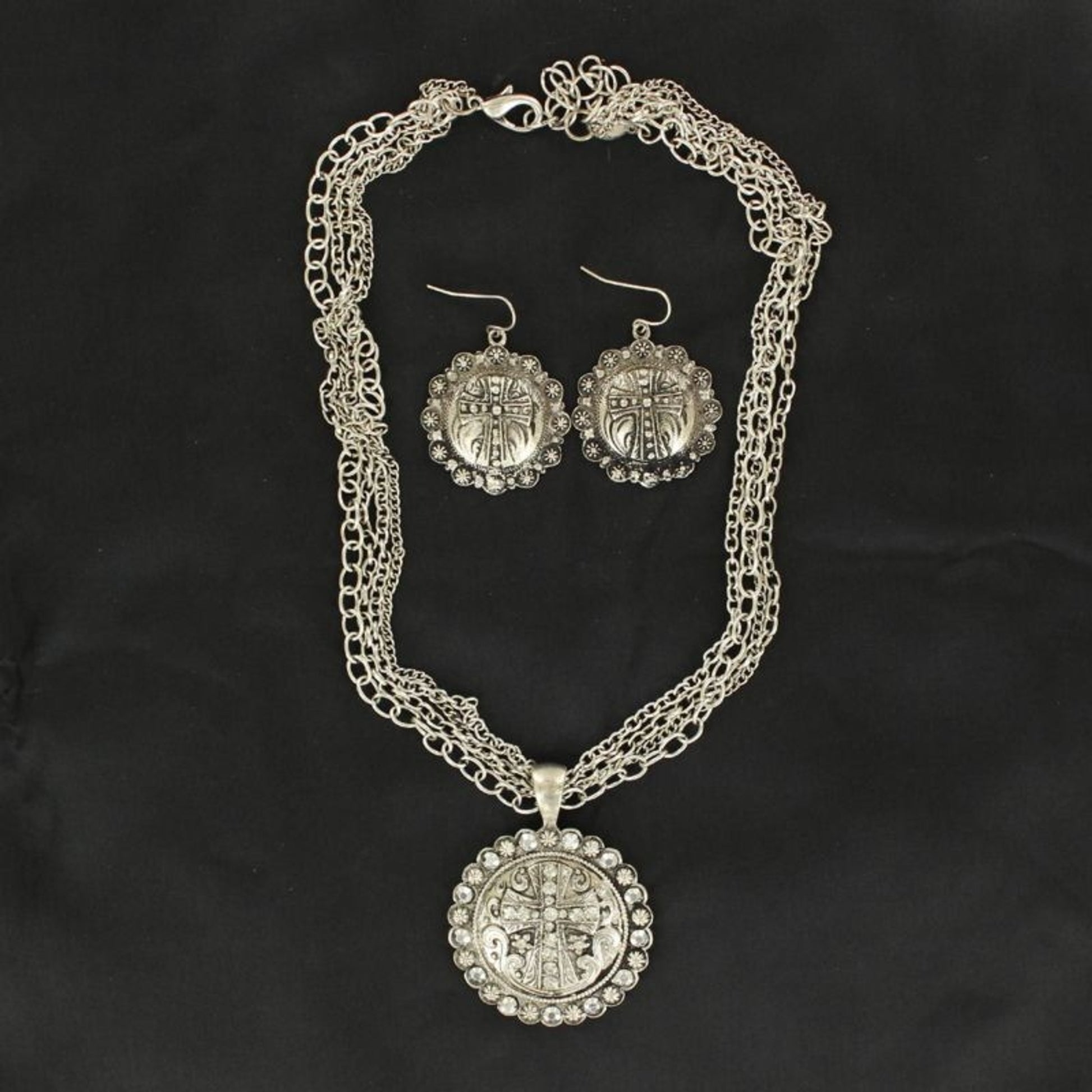 Cross Concho Necklace with Multi Chain And Earrings
