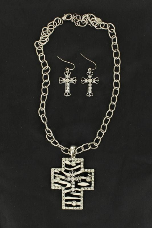 Blazin Roxx Zebra Cross Chain And Earring SetBk/Wh