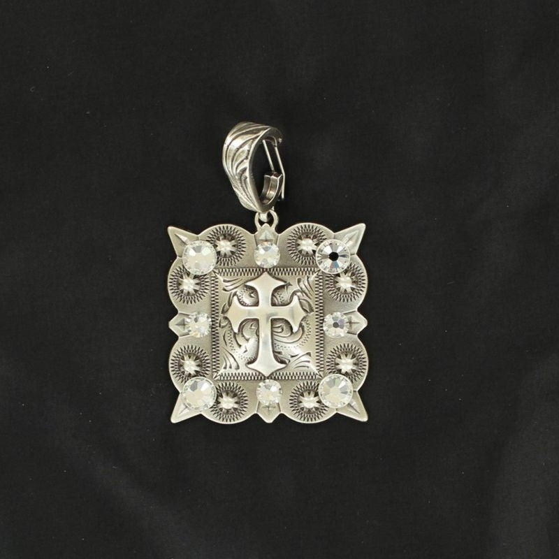 Western Charm Cross Printed Square PendantBk/Wh