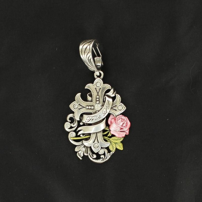 Western Charm Cross with Banner And Rose Pendant