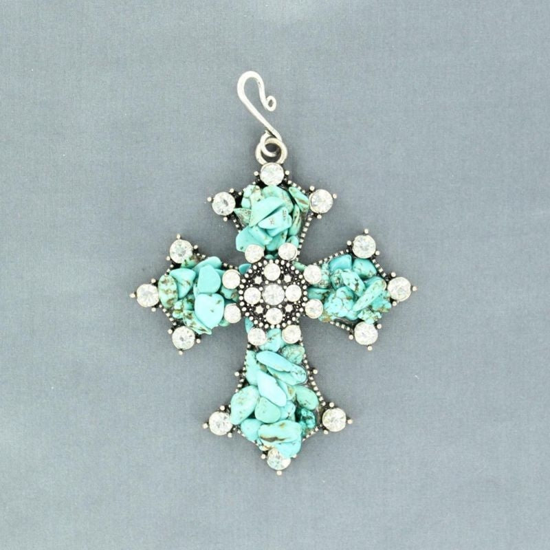 Western Charm Cross with Crystals Hook PendantBk/Wh