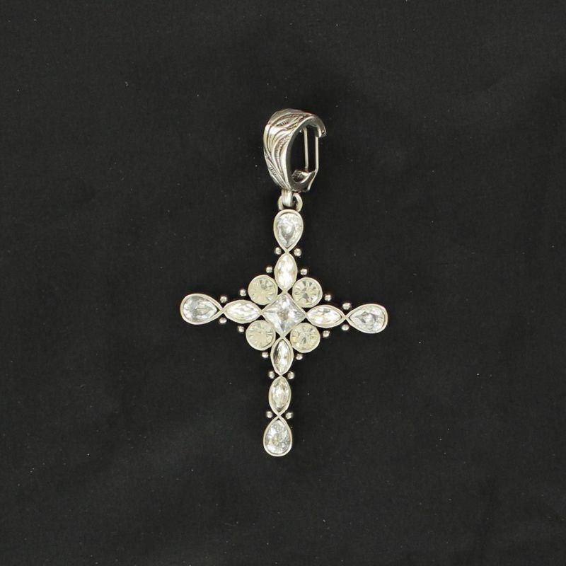 Western Charm Crystal Oval Cross PendantBk/Wh