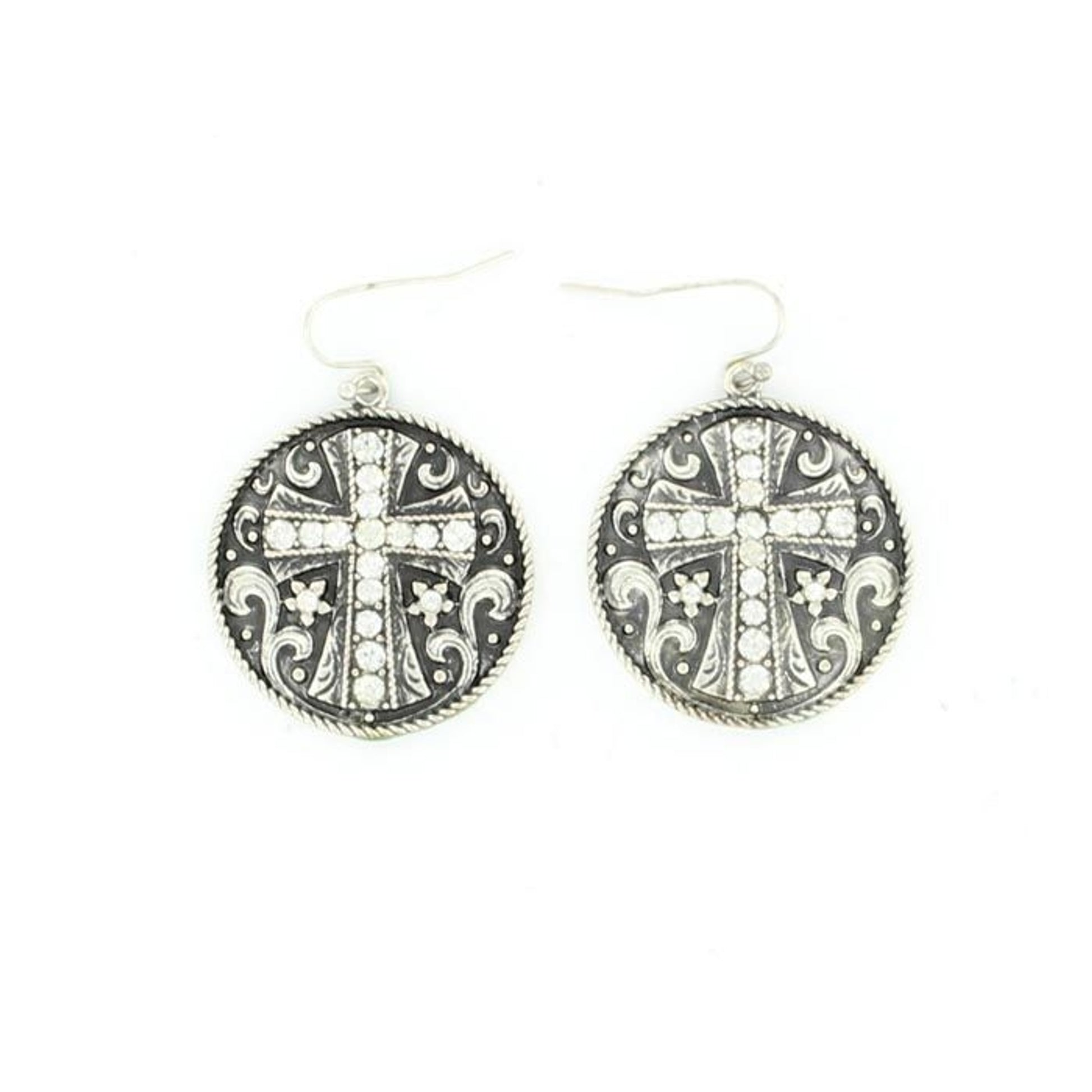 Blazin Roxx Round Cross Crystal EarringsBk/Wh