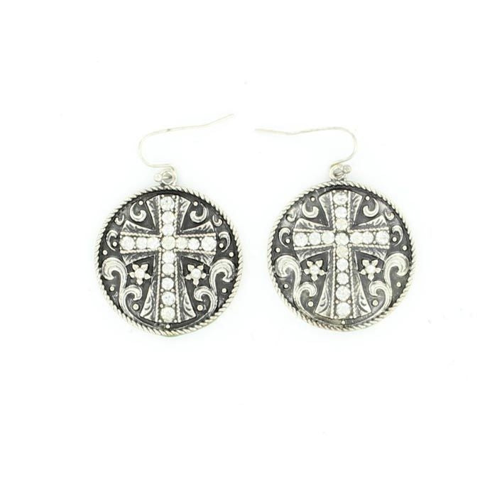Blazin Roxx Round Cross Crystal EarringsBk/Wh