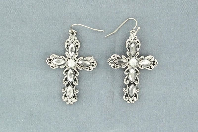 Blazin Roxx Ornate Crystal Cross EarringsBk/Wh