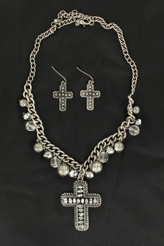 Blazin Roxx Crystal Cross And Beads Necklace Set