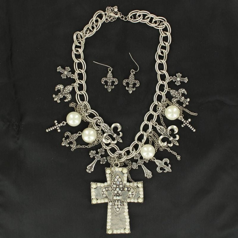 Blazin Roxx Fleur/Cross/Pearl Necklace SetPearl