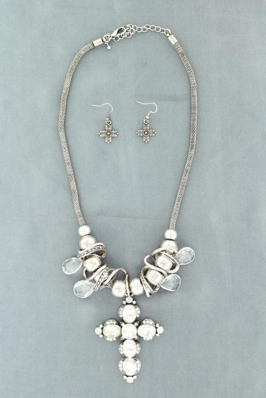 Blazin Roxx Crystal Cross/Ball Necklace SetSilver