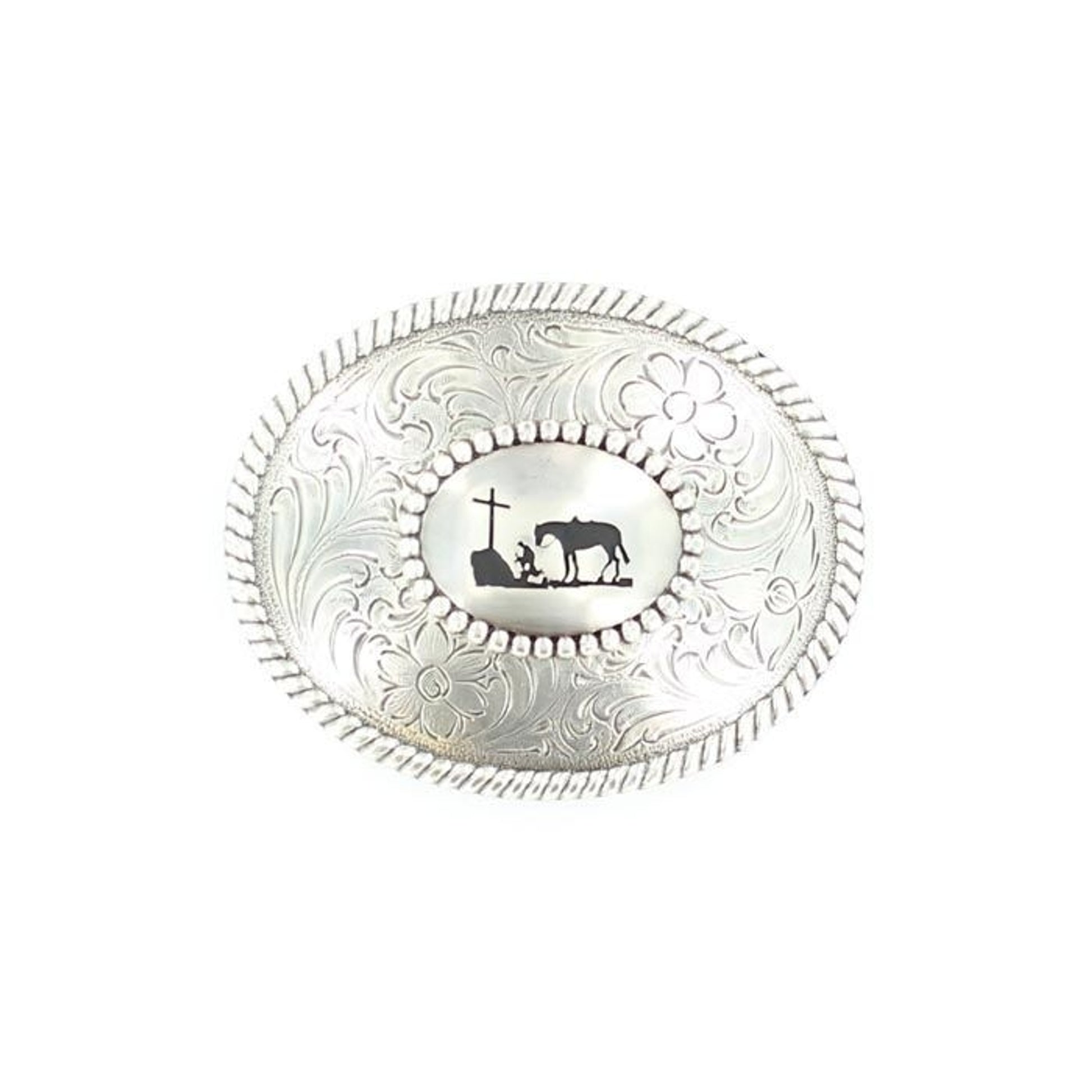 Nocona Oval Cowboy Prayer Buckle Silver Plated