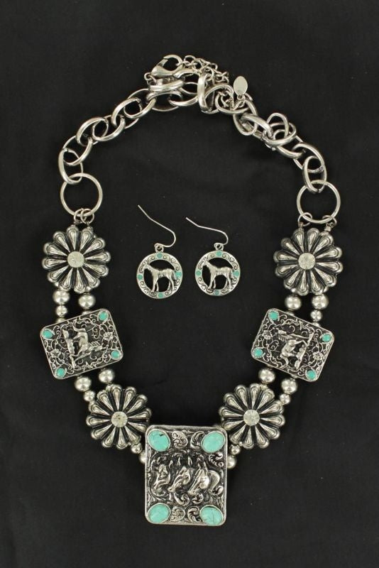 Rectangle Horsehead Concho Jewelry SetBk/Wh
