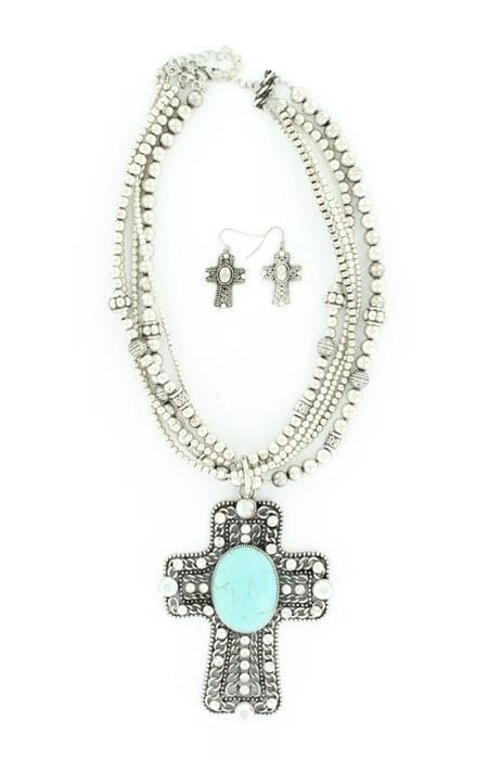 Blazin Roxx Large Crystal Cross Necklace SetBk/Wh