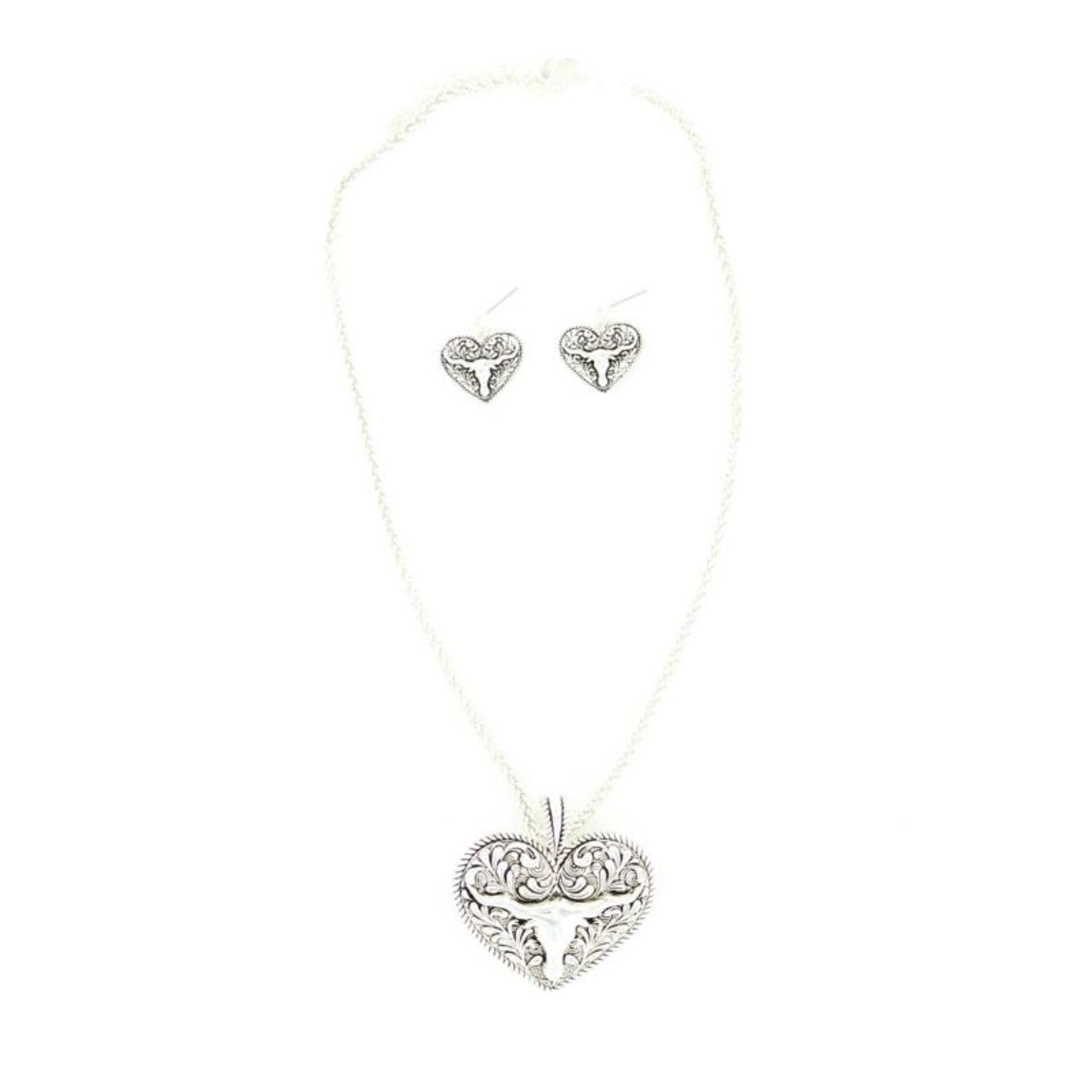 BlazinRoxx Longhorn/Heart Pendant NecklaceSetBk/Wh