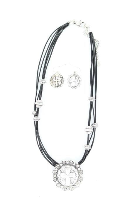 Blazin Roxx Cross Concho Leather Necklace Set