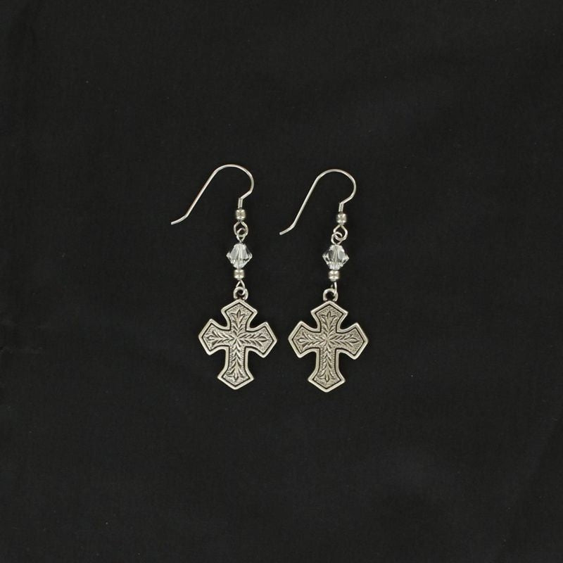 Lightning Ridge Engraved Cross EarringsBk/Wh