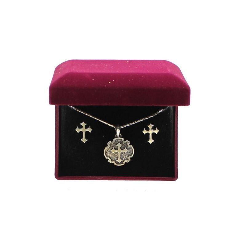 LightRidge Engraved Cross Concho Necklace SetBk/Wh
