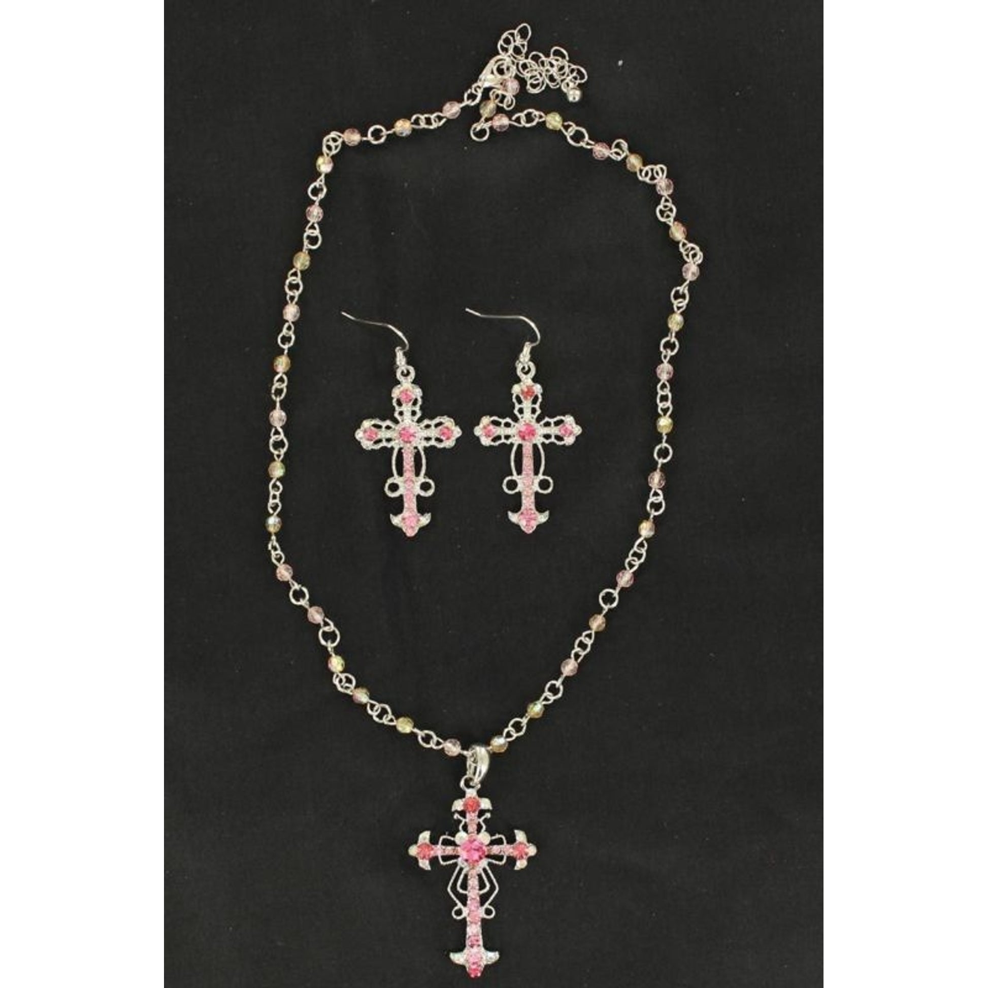 Blazin Roxx Beaded Cross Necklace/Earrings SetPnk