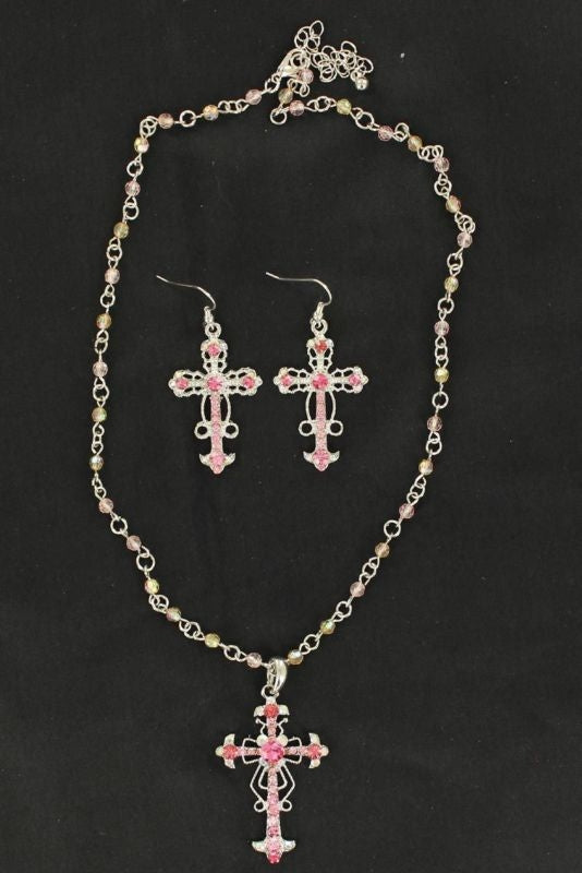 Blazin Roxx Beaded Cross Necklace/Earrings SetPnk