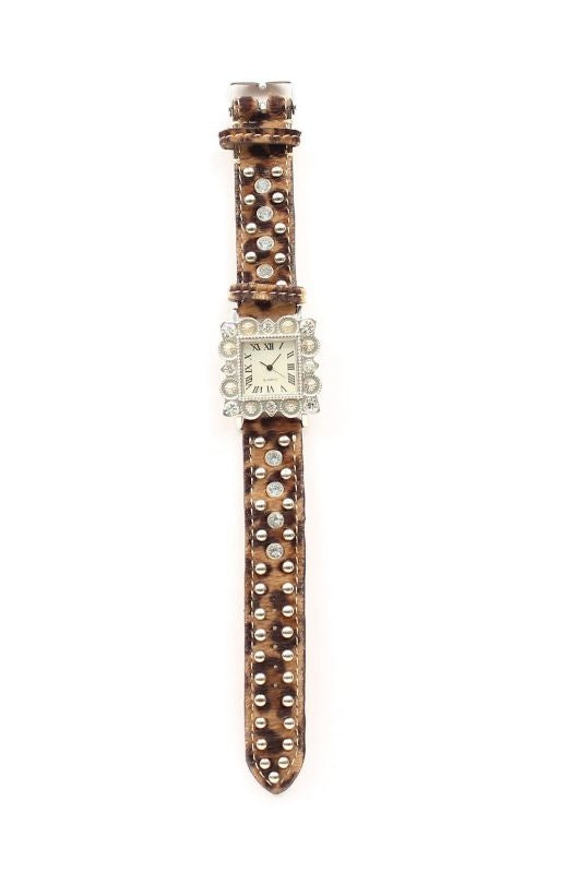 Women Square Rhinestone/Leopard Horse Hair Watch