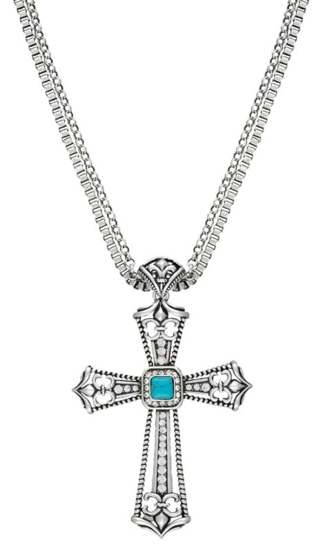 Rock 47 Fleur de Lis Stone Cross Necklace Blue