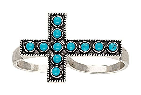 Rock 47 Rocks/Roll Beaded Cross Two Finger Ring