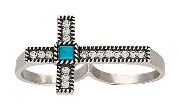 Rock 47 Rock/Roll Rhinestone Cross Two Finger Ring