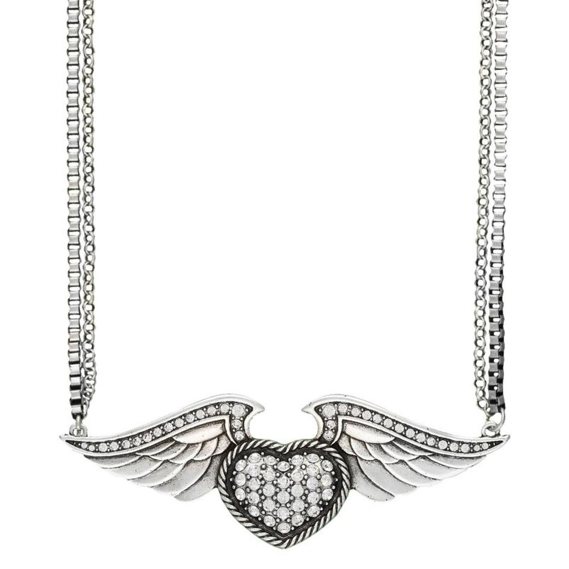 Rock 47 Tattoo Rhinestone Heart on Wings Necklace