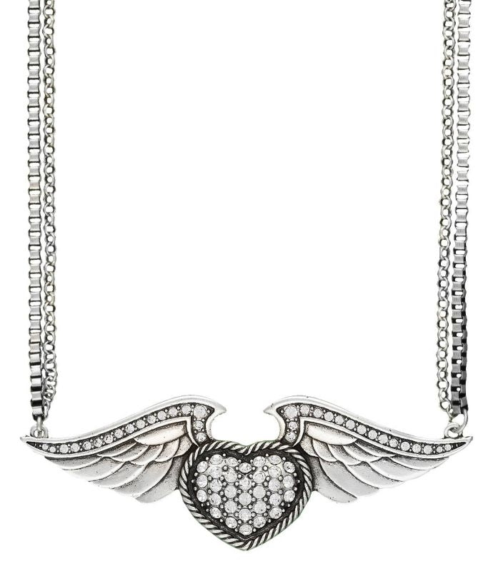 Rock 47 Tattoo Rhinestone Heart on Wings Necklace