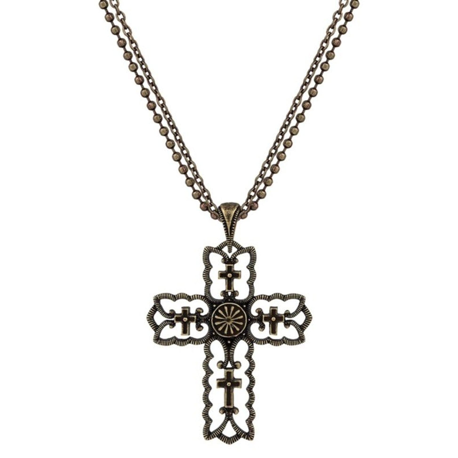 Vintage Kitsch BronzeTone Scalloped Cross Necklace