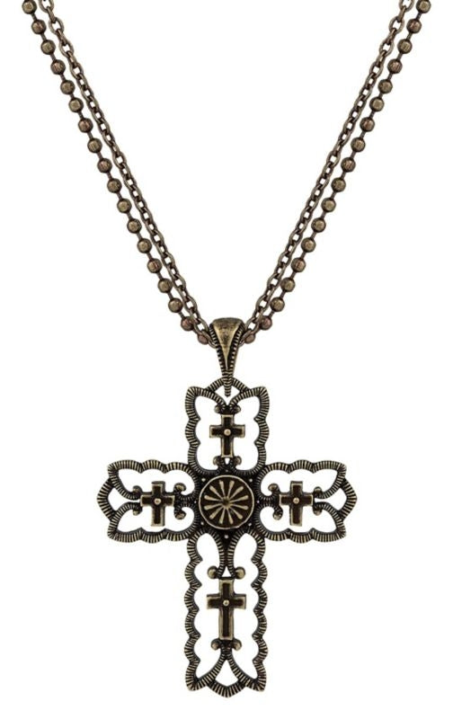 Vintage Kitsch BronzeTone Scalloped Cross Necklace
