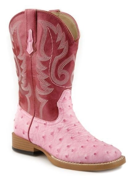 Roper Kids Ostrich Print Sq Toe Boots 1 Pnk