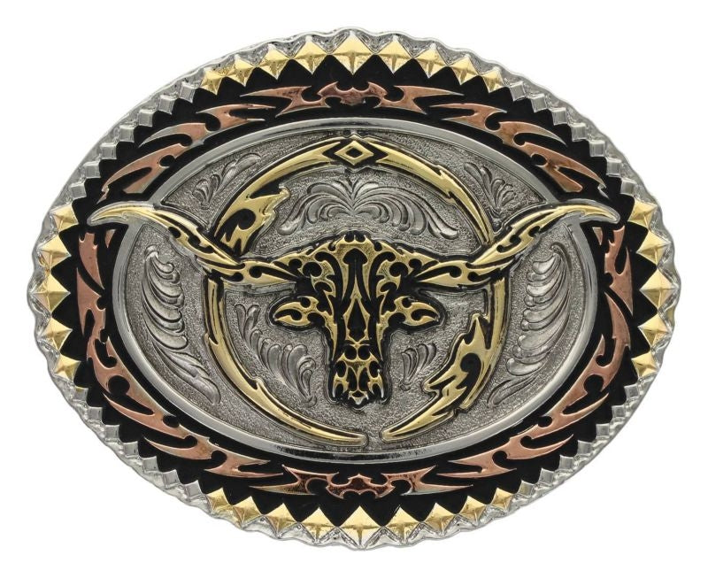 Montana Tri-Colored Oval Longhorn Steer Buckle