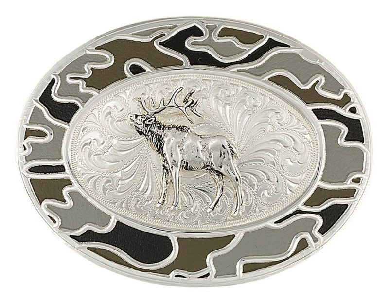 Montana Oval Winter Camo Buckle with Silver Elk