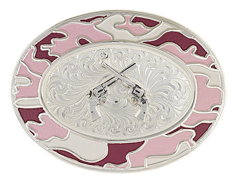 Silver/Pink Camo Buckle With Silver Crossed Pistol Br