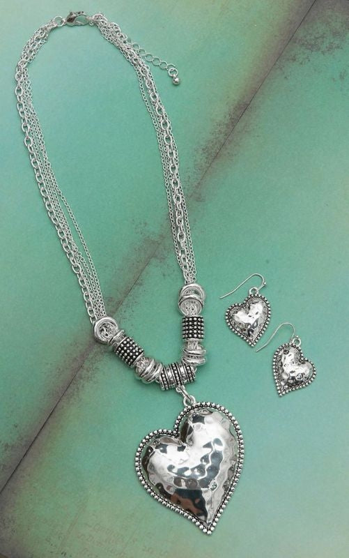 Hammered Heart Pendant Necklace/Earring Set Silver
