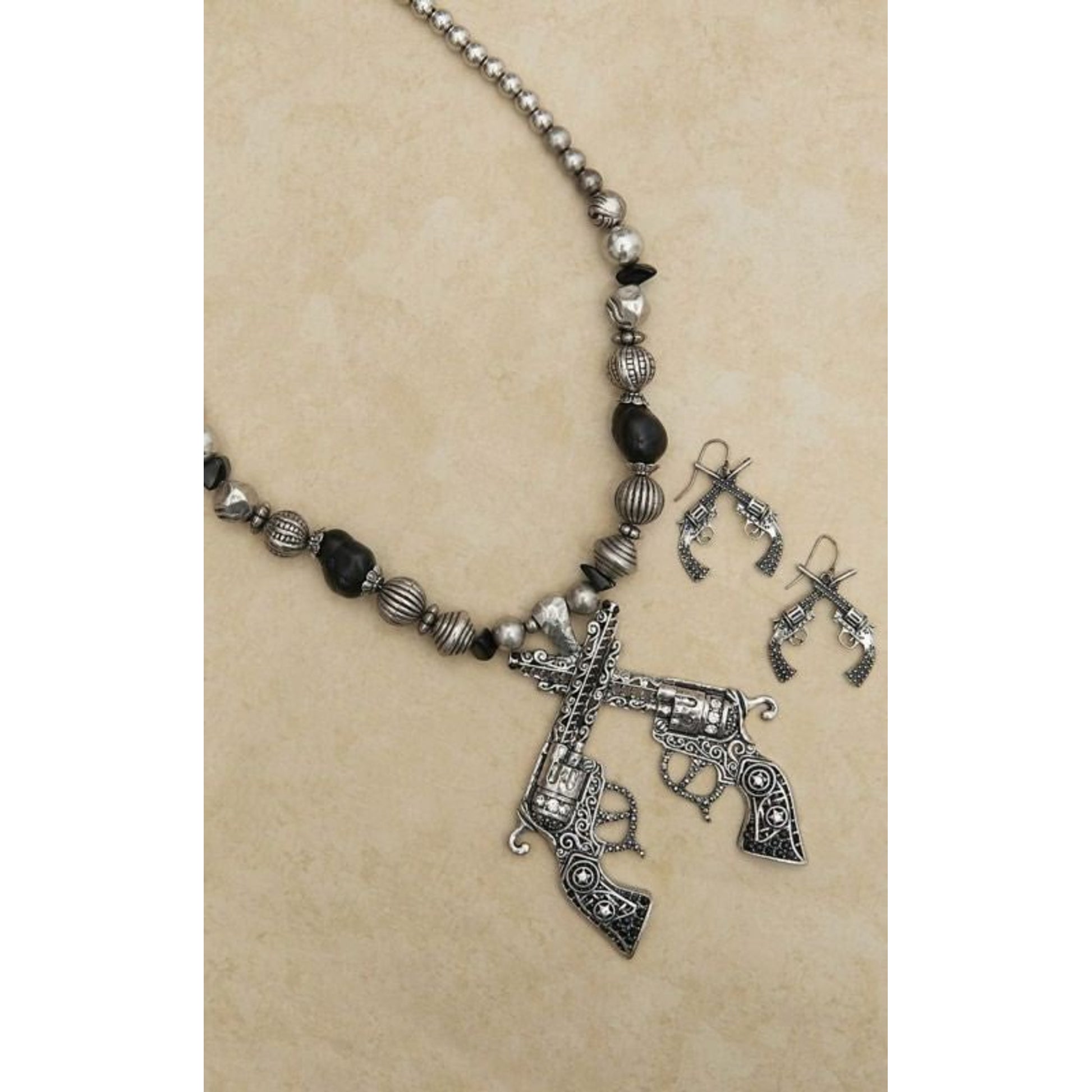 BlazinRoxx DoubleRevolver Necklace/Earring SetSil