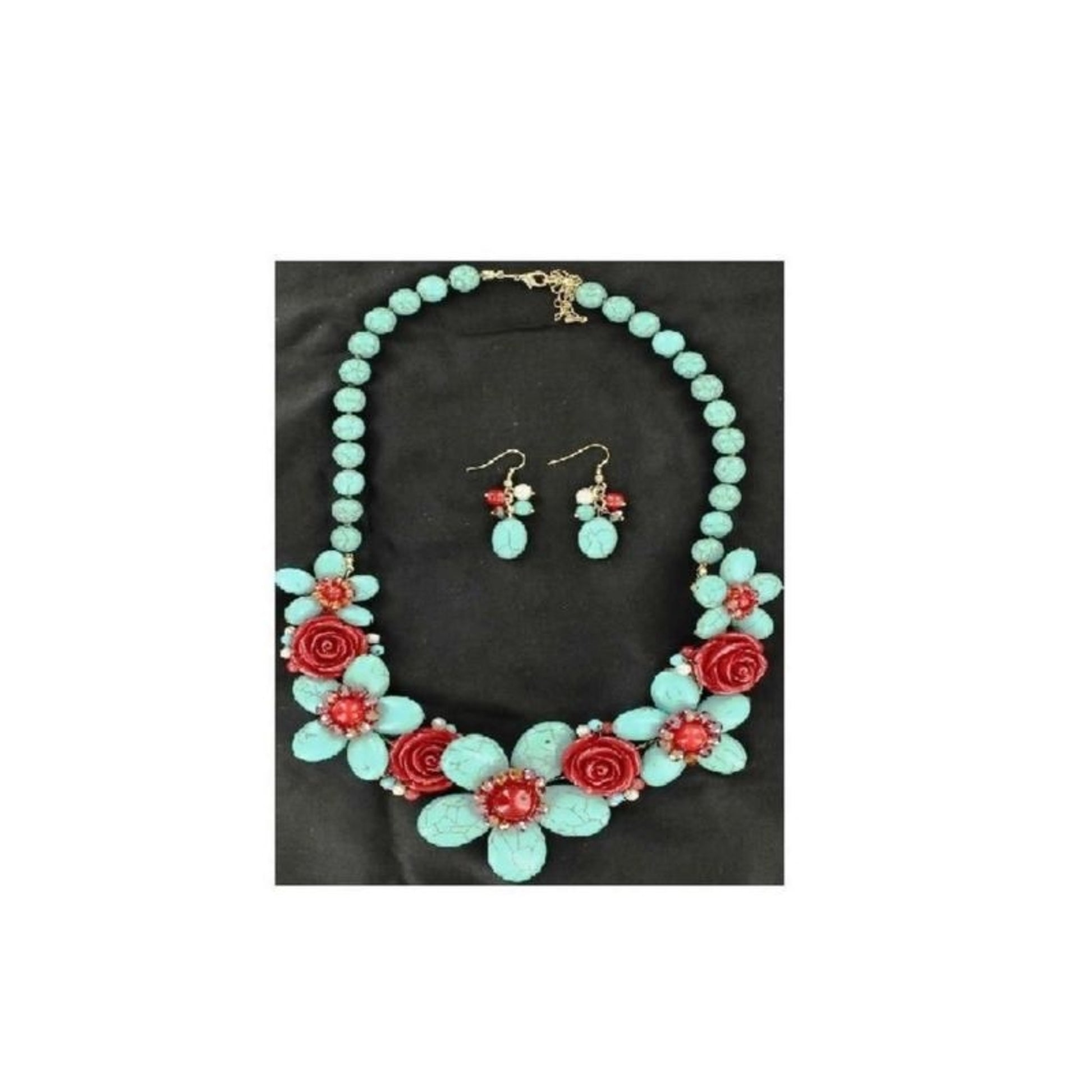 Handmade Stone Flower Jewlery SetTurqu/Red