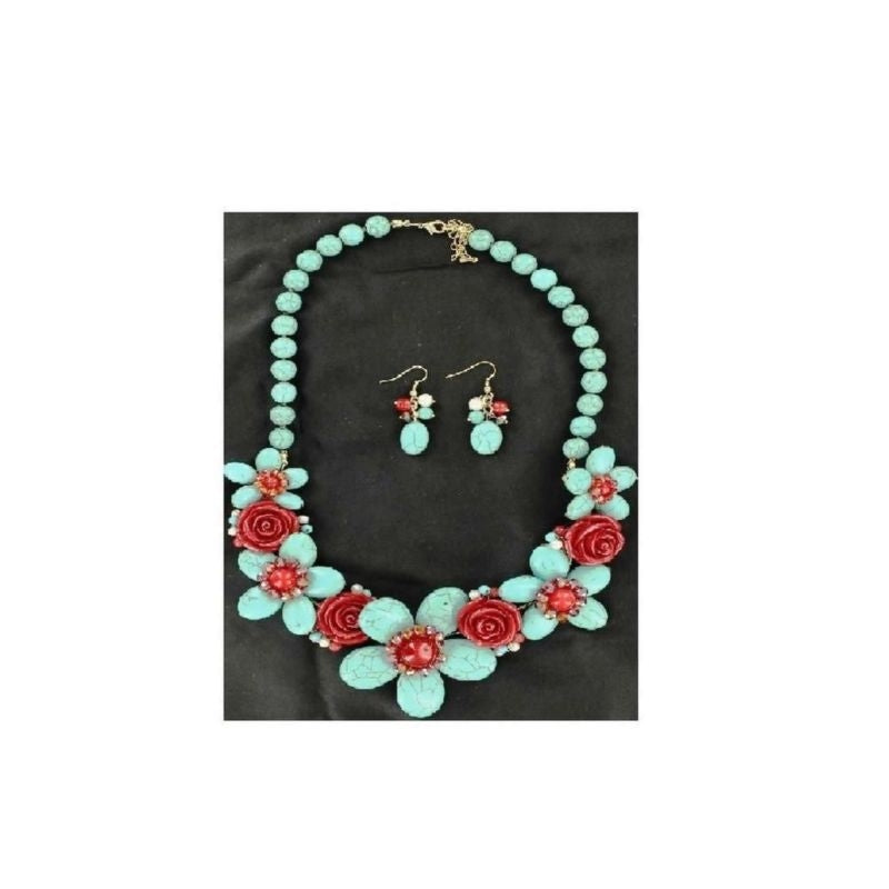 Handmade Stone Flower Jewlery SetTurqu/Red