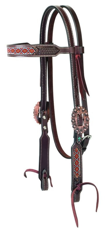 Turq CrossBead Basketweave Browband Headstall Brn