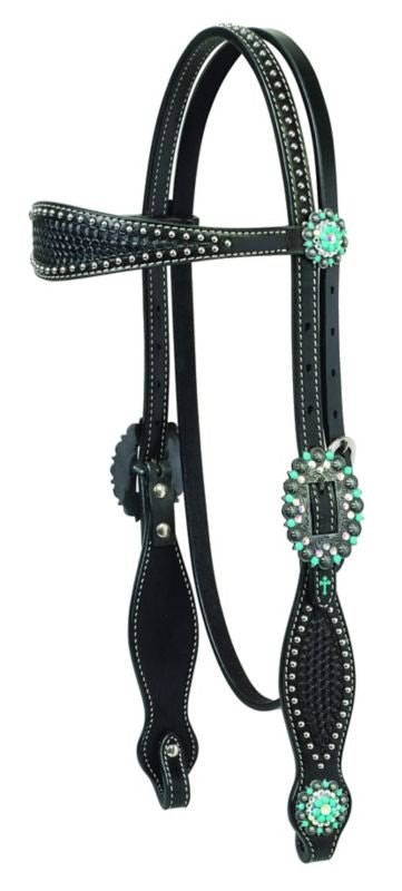 Turq Basketweave Browband Headstall Horse Black