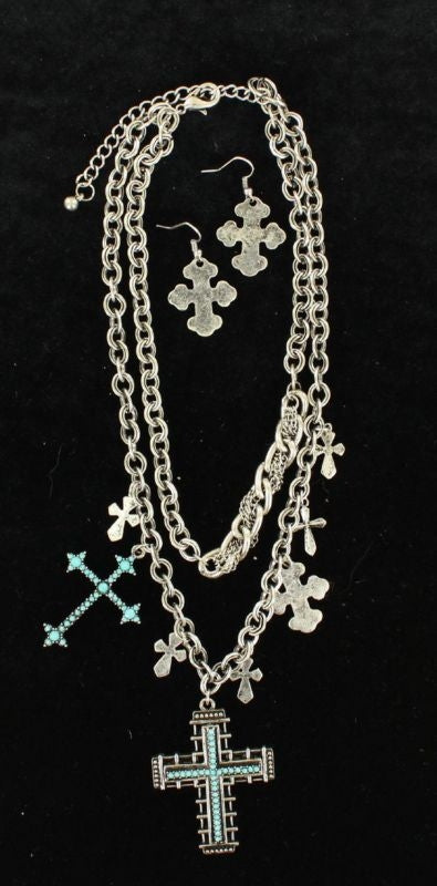 Blazin Roxx Double Chain Cross Jewelry Set