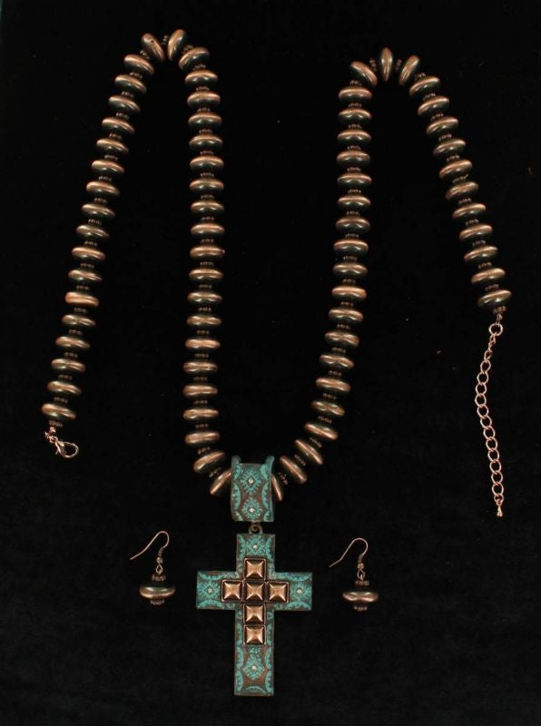 Blazin Roxx Lg Copper Bead Cross Jewelry SetBk/Wh