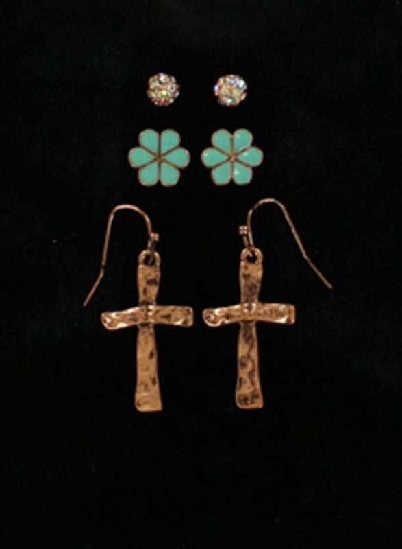 Rhinestone Stud Floral Cross EarringsBk/Wh