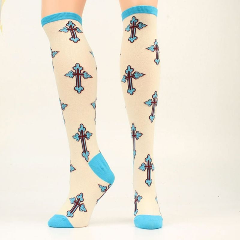Ariat Cross Knee High Sock Cream Turquoise