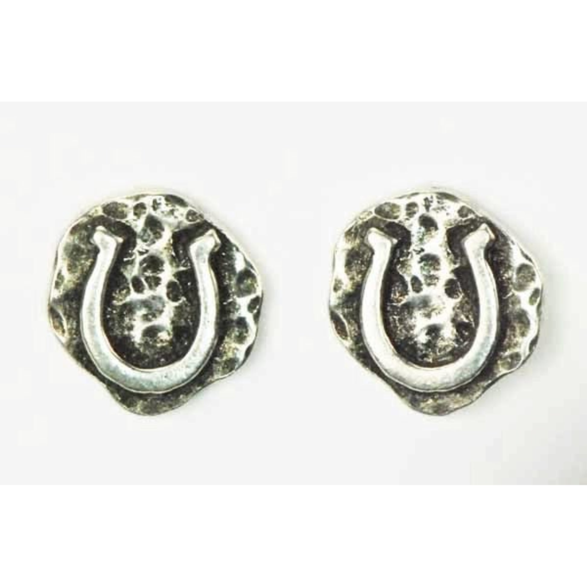 Horse Shoe On Hammered Background Earrings Silver
