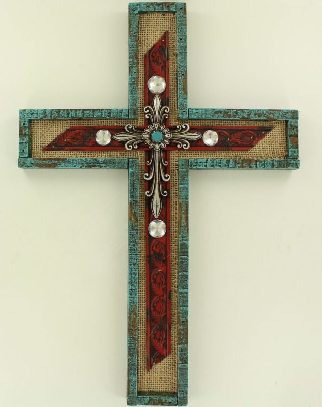 Burlap And Stone Cross Wall HangingBk/Wh